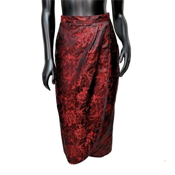 Vintage Oriental Silk Floral Embroidered Faux Wrap High Waisted Wiggle Skirt - Picture 2 of 7